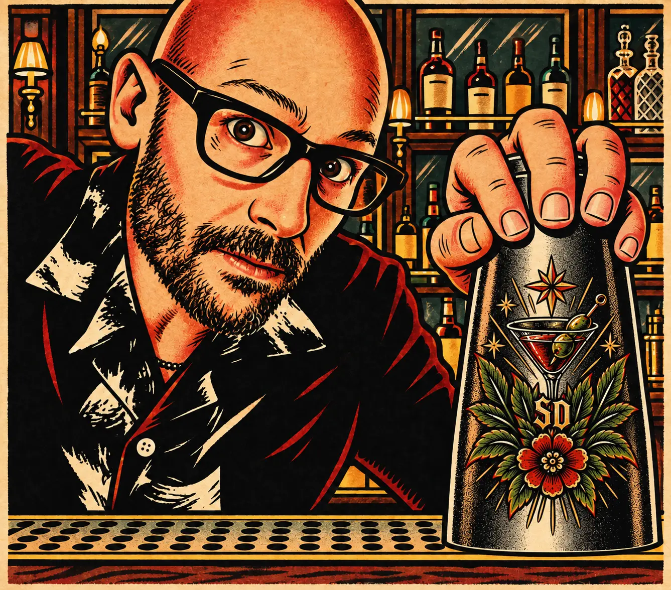 Traditional tattoo-style portrait of Sean behind the bar, raising a shaker etched with a cocktail flash design