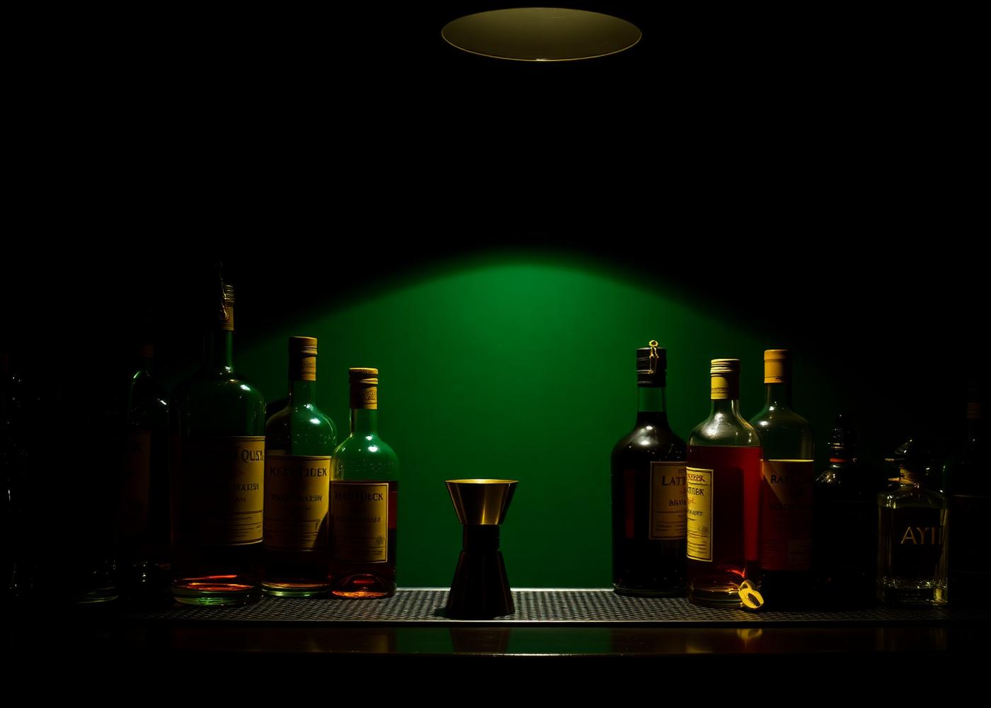 Bottles and bar tools lit warmly against a dark green wall